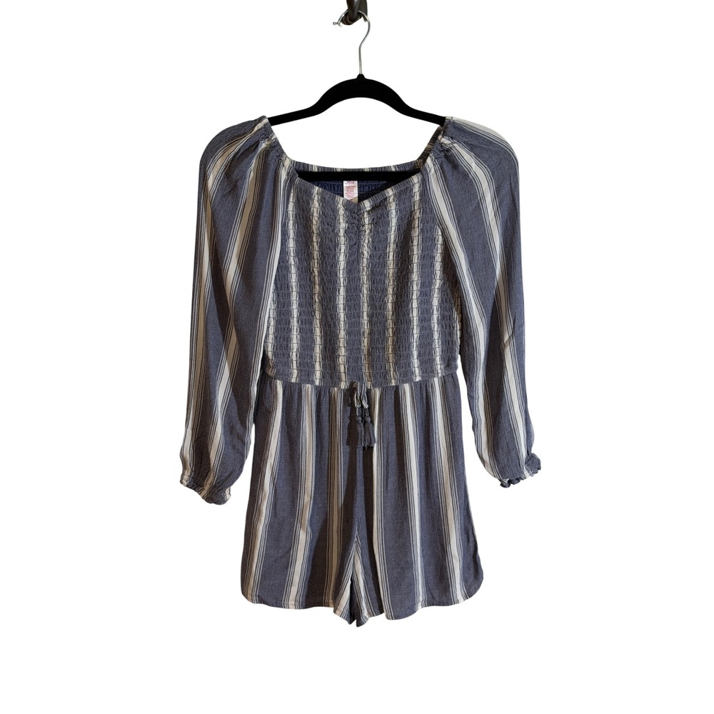 Justice Romper Blue 12 Kids Striped Smocked Long Sleeve Boho Casual Shortie